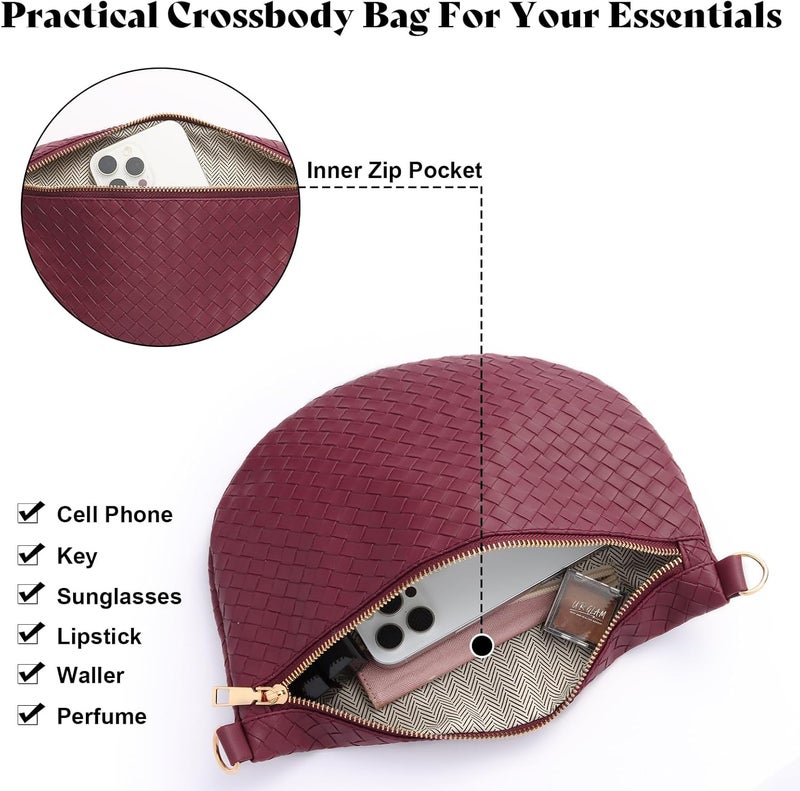 Dealkion Woven Crossbody Bags for Women Leather Belt Bum Sling Purse Fanny Waist Pack Chest Shoulder Bag for Women-Burgundy - Image 4